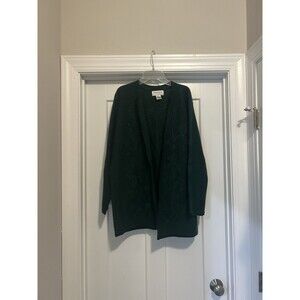 Women's Open Knit Long Cardigan Sweater Embroidered Size Medium Dark Green Wool